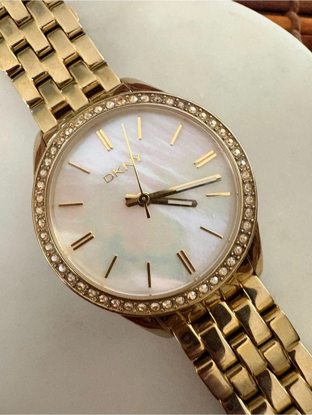DKNY Gold Tone Crystal Bezel Watch with Mother-of-Pearl Dial Needs Battery